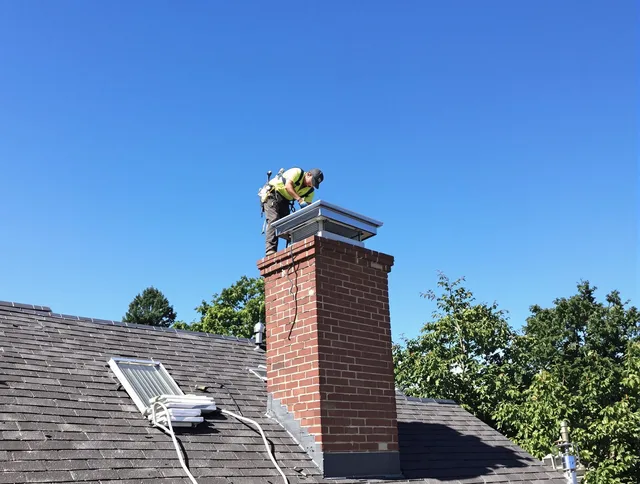 Clinton Chimney Sweep technician measuring a chimney cap in Clinton, CT