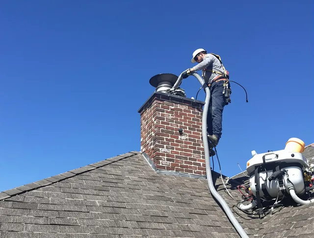 Dedicated Clinton Chimney Sweep team member cleaning a chimney in Clinton, CT