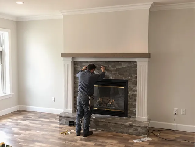 Clinton Chimney Sweep finishing a custom fireplace install in Clinton, CT